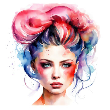a beautiful girl with a stylish hairstyle, a woman. watercolor illustration. artificial intelligence generator, AI, neural network image. background for the design.