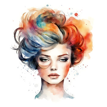 a beautiful girl with a stylish hairstyle, a woman. watercolor illustration. artificial intelligence generator, AI, neural network image. background for the design.
