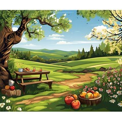 Illustration of a picnic area in the middle of a beautiful nature