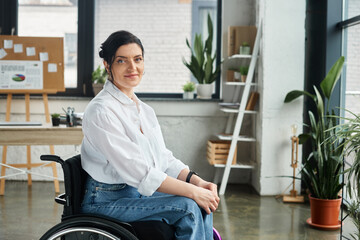 good looking cheerful disabled woman in stylish attire sitting in wheelchair and smiling at camera