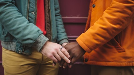 Cropped close-up photo of a gay couple holding hands.