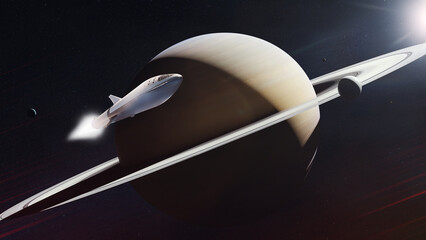 Starship in outer space neaar to the Saturn planet. Elements of this image furnished by NASA.