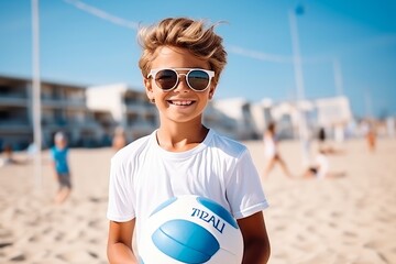 summer holidays, vacation, sport and people concept - smiling boy in sunglasses with volleyball on...