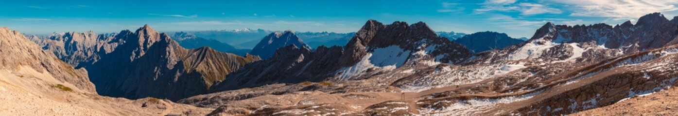 High resolution stitched alpine summer panorama with a chapel at Schneeferner glacier, Mount...