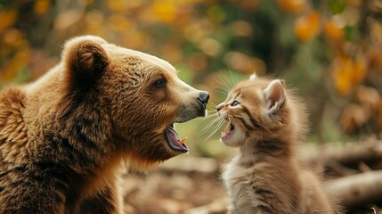 illustraton of a bear and a little kitten roar at each other - obrazy, fototapety, plakaty