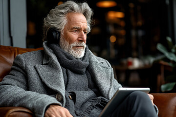 Thoughtful senior man wearing wireless headphones sitting with tablet pc