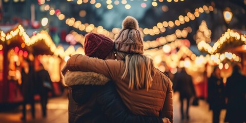 Lovely lesbian couple at the Christmas market - Two pretty women from behind with their arms around each other, defocused background with bokeh lights, Generative AI 