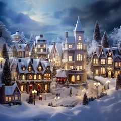 Foto op Plexiglas Winter village with snow covered houses. Christmas and New Year concept. © Michelle