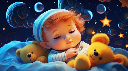 Fototapeta na wymiar Luminous Night with Sleeping Baby and Teddy Bear, Kidcore Style