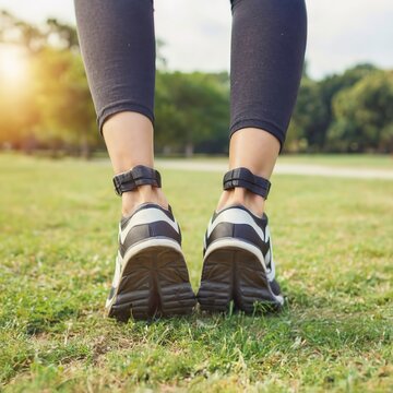 Close up of woman strecthing feet with shoe with nature background