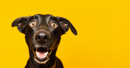 The dog opens his mouth in surprise on a yellow background