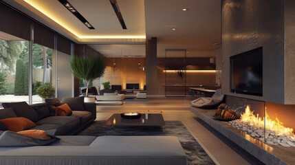 Elegant big modern living room with fireplace