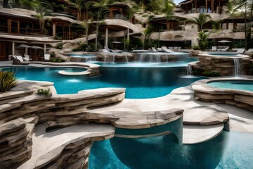Stone seating next to resort swimming pool