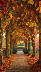 Fototapeta na wymiar Autumn Leaves Adorning a Rustic Pergola Walkway During Peak Foliage Season