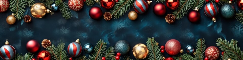 Christmas holiday celebration decoration background banner panorama, long texture - Chrsitmas ornaments, baubles and pine brnaches, on dark blue table, top view, seamless pattern, Generative AI - obrazy, fototapety, plakaty