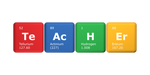 3D rendering of cubes of the elements of the periodic table, tellurium, actinium, hydrogen and erbium forming the word teacher. Science, technology and engineering. 3D illustration