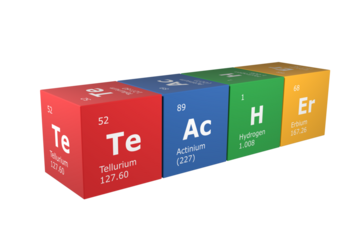 3D rendering of cubes of the elements of the periodic table, tellurium, actinium, hydrogen and erbium forming the word teacher. Science, technology and engineering. 3D illustration