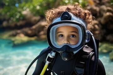 Portrait of cute little boy wearing scuba diving suit and mask