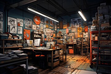 3d illustration of a warehouse interior with shelves full of books.