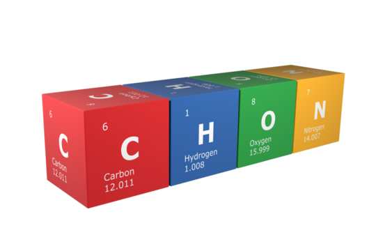 3D rendering of cubes of the elements of the periodic table, carbon, hydrogen, oxygen and nitrogen. Science, technology and engineering. 3D illustration
