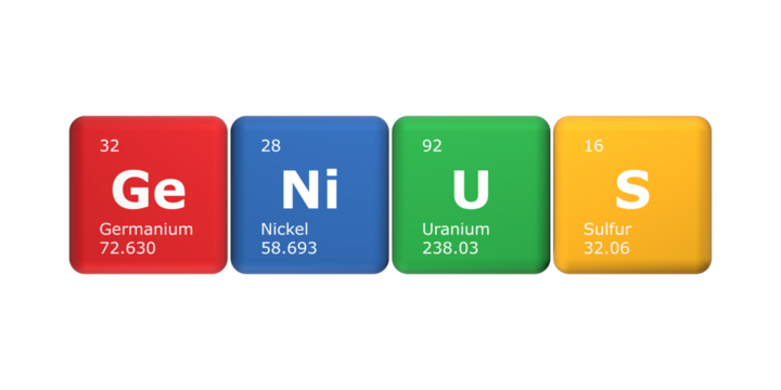 3D rendering of cubes of the elements of the periodic table, germanium, nickel, uranium and sulfur forming the word genius. Science, technology and engineering background. 3D illustration