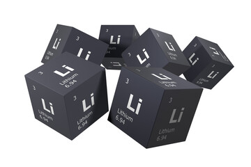 Lithium, 3D rendering of symbols of the elements of the periodic table, atomic number, atomic weight, name and symbol. Education, science and technology. 3D illustration