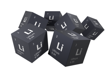 Lithium, 3D rendering of symbols of the elements of the periodic table, atomic number, atomic weight, name and symbol. Education, science and technology. 3D illustration