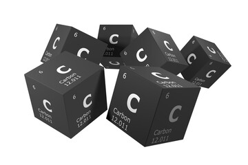 Carbon, 3D rendering of symbols of the elements of the periodic table, atomic number, atomic...