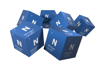 Nitrogen, 3D rendering of symbols of the elements of the periodic table, atomic number, atomic...