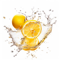 Lemon slices with water splash on isolated background - ai generative