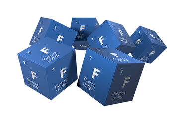 Fluorine, 3D rendering of symbols of the elements of the periodic table, atomic number, atomic...