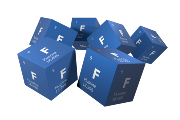 Fluorine, 3D rendering of symbols of the elements of the periodic table, atomic number, atomic weight, name and symbol. Education, science and technology. 3D illustration