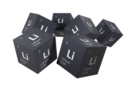 Lithium, 3D rendering of symbols of the elements of the periodic table, atomic number, atomic weight, name and symbol. Education, science and technology. 3D illustration