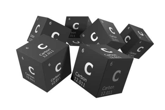 Carbon, 3D rendering of symbols of the elements of the periodic table, atomic number, atomic weight, name and symbol. Education, science and technology. 3D illustration