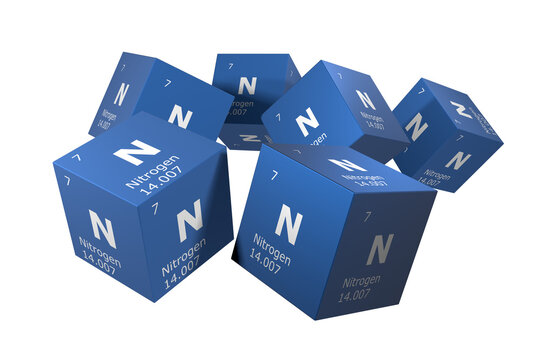 Nitrogen, 3D rendering of symbols of the elements of the periodic table, atomic number, atomic weight, name and symbol. Education, science and technology. 3D illustration
