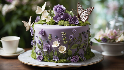 Elegant Floral Cake With Butterfly Decoration on a Table at an Afternoon Event
