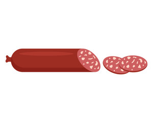 Smoked sausage cut into slices. Food. Meat product. Vector illustration.