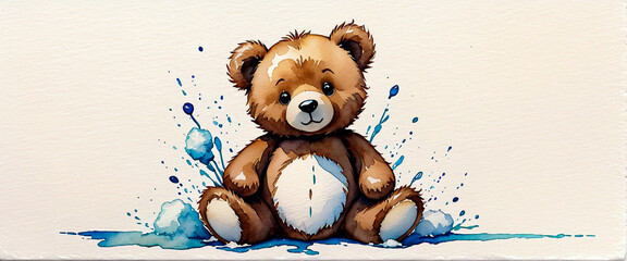 A cute little teddy bear is sitting alone. Isolated on a white background. Illustration in watercolor style.