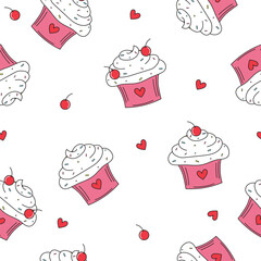 Cute cupcakes with cream and cherry seamless pattern on a white background.Muffin wallpaper,doodle cakes bakery pattern with hearts.