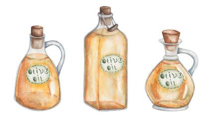 Watercolor set of illustrations. Hand painted glass jugs with handles, corks, Olive Oil labels. Square bottle with tag. Yellow virgin olive oil. Transparent pitchers with stickers. Isolated clip art