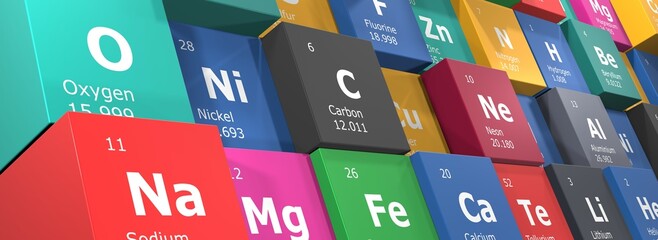 3D rendering background of cubes of the elements of the periodic table, oxygen, sodium, nickel, carbon, magnesium, iron, copper, calcium neon. Science, technology and engineering. 3D illustration