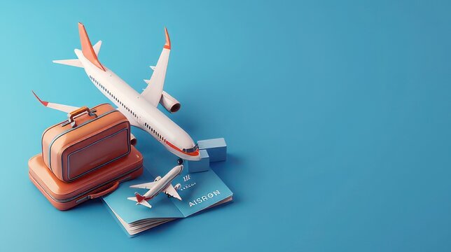  luggage or baggage and planes placed on passport for making advertising media about tourism and all object on blue background, vector 3d on blue background for travel and transport concept design