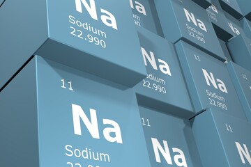 Sodium, 3D rendering background of cubes of symbols of the elements of the periodic table, atomic number, atomic weight, name and symbol. Education, science and technology. 3D illustration