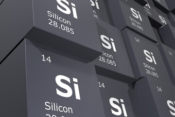 Silicon, 3D rendering background of cubes of symbols of the elements of the periodic table, atomic number, atomic weight, name and symbol. Education, science and technology. 3D illustration