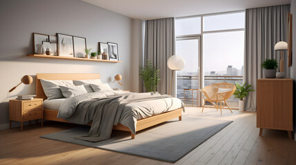 Modern bedroom with wooden floor beige carpet curtains and white paint,,
Harmonious light wood bedroom interior with ample decor