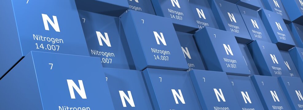 Nitrogen, 3D rendering background of cubes of symbols of the elements of the periodic table, atomic number, atomic weight, name and symbol. Education, science and technology. 3D illustration
