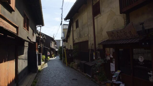 Cinematic shot of Tomonoura historic district in Hiroshima prefecture, Japan