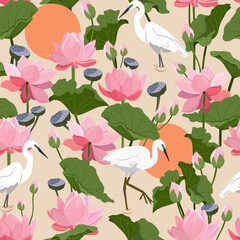 Seamless pattern with heron bird and lotus. Flora and fauna.