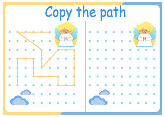 Cute Animals activities for kids. Copy the path . Logic games for children. Vector illustration. Book square format.	
