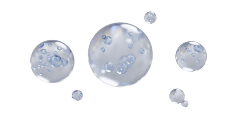 Set of bubbles. Science. 3D water bubble floating on transparent background. Water transparent balloon. 3D Rendering. Render of transparent glass circle liquid object, soap bubble with reflection. PNG